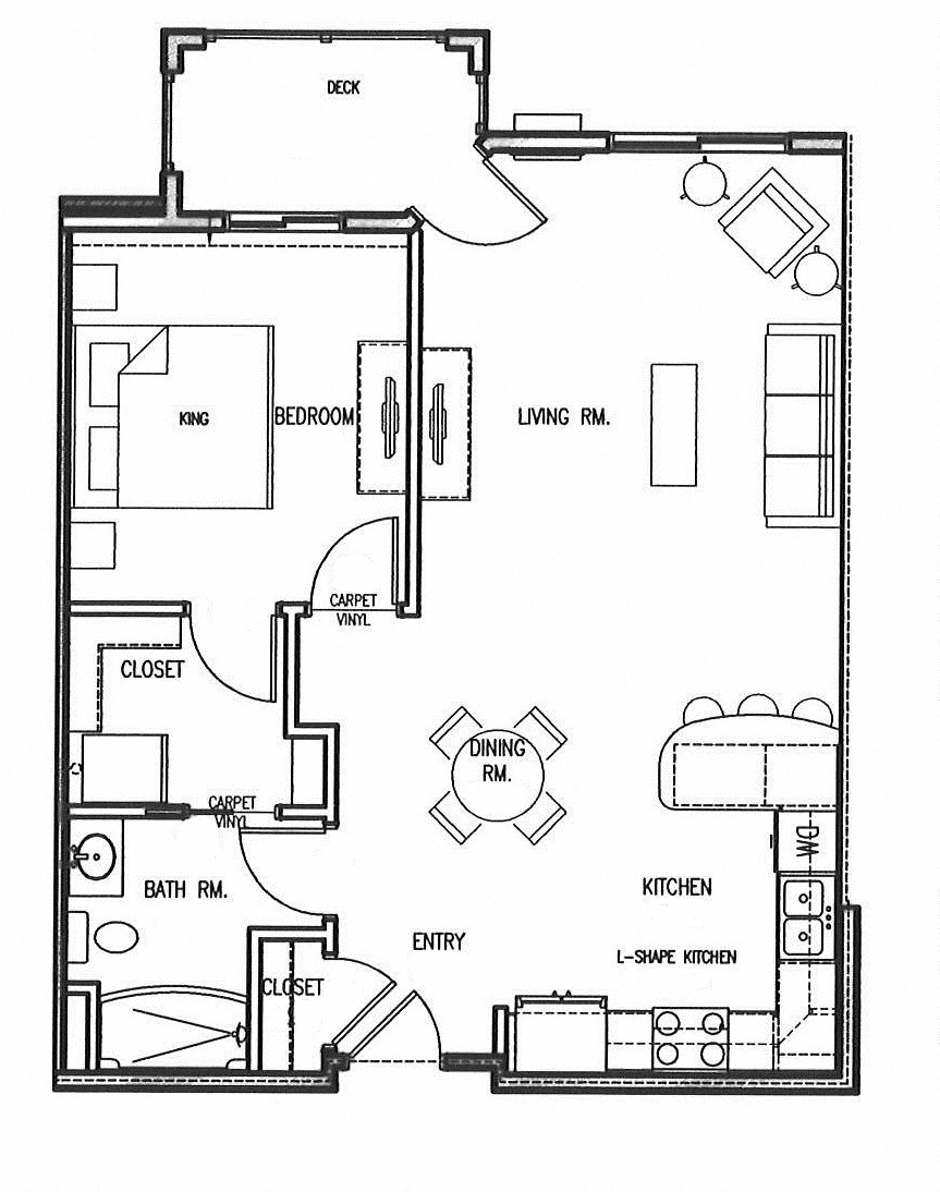 Floor plan for 1 bed, 1 bath, 773 sqft